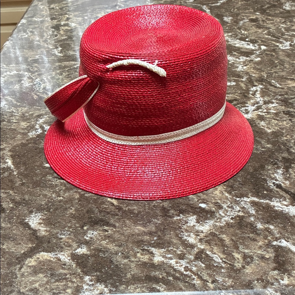Vintage Chic Red Straw Hat with Ribbon Accent